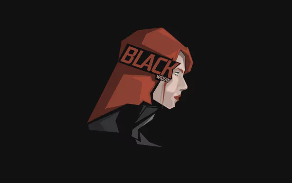 8K Ultra HD PC wallpaper: comic-style profile of Black Widow with red hair and a BLACK text band on her head against a solid black background.