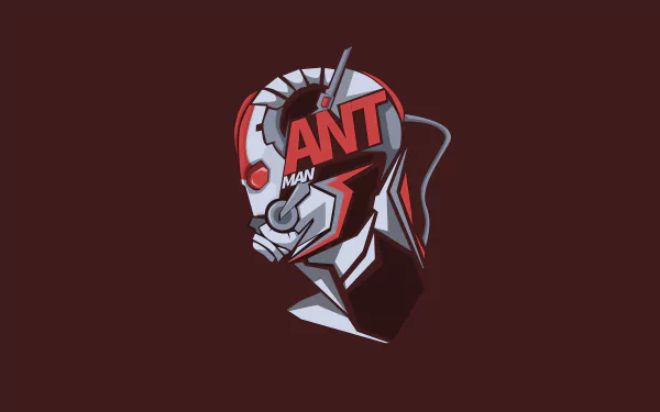 Comic-style Ant-Man helmet portrait in red, white and black on a maroon backdrop — 8K Ultra HD PC desktop wallpaper/background.
