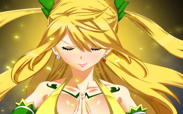 Lucy Heartfilia (Fairy Tail) anime 2K Quad HD PC desktop wallpaper — serene close-up of her with eyes closed, flowing blonde hair, green accents and a glowing golden background.
