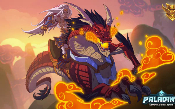 HD PC desktop wallpaper of Cassie (Paladins) from the Paladins video game riding a glowing red dragon mount against a fiery sunset, swirling embers and the Paladins game logo.