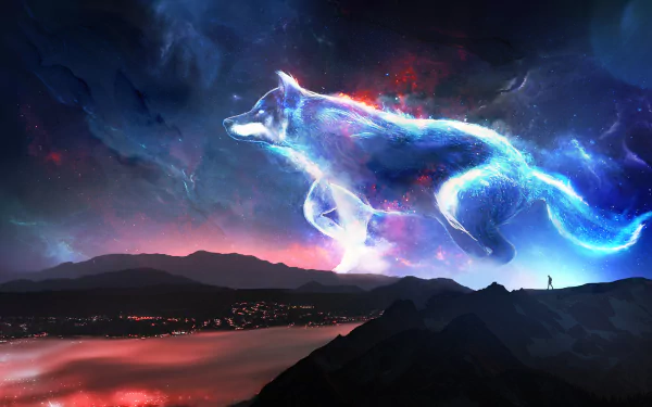 A stunning HD fantasy landscape wallpaper featuring a luminous spirit wolf in a night sky above a serene, mountainous terrain with glowing town lights below.