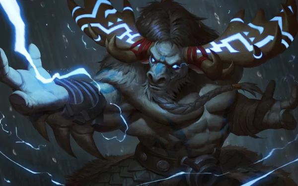 4K Ultra HD wallpaper featuring a powerful Tauren warrior with glowing horns, crackling with blue lightning, from the video game World of Warcraft.