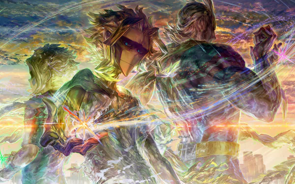 4K Ultra HD My Hero Academia anime wallpaper featuring All Might, Toshinori Yagi, in a dynamic, action-packed pose with vibrant, electrifying effects.