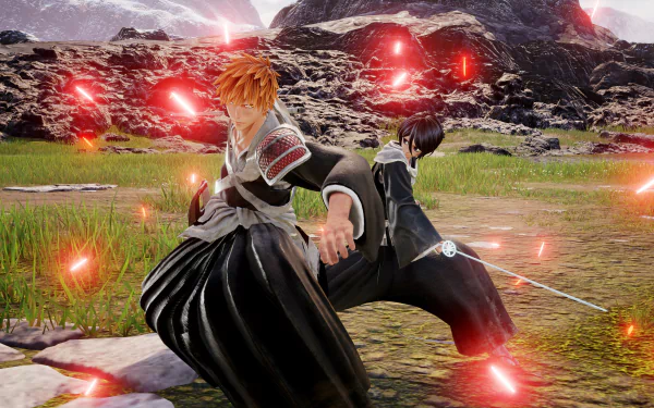 4K Ultra HD Jump Force PC wallpaper featuring Rukia Kuchiki and Ichigo Kurosaki in an action pose with glowing red energy effects on a rugged outdoor battlefield.