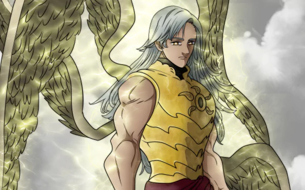 4K Ultra HD anime wallpaper featuring Mael from The Seven Deadly Sins with detailed golden armor and large wings against a cloudy sky background.