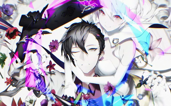 4K Ultra HD anime wallpaper featuring Mu (Caligula) and Ritsu Shikishima in a dynamic, ethereal composition with vibrant colors and floral elements.