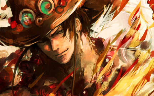 Detailed 4K Ultra HD anime wallpaper of Portgas D. Ace from One Piece, showcasing dynamic flames and his signature hat in a vivid, artistic style.