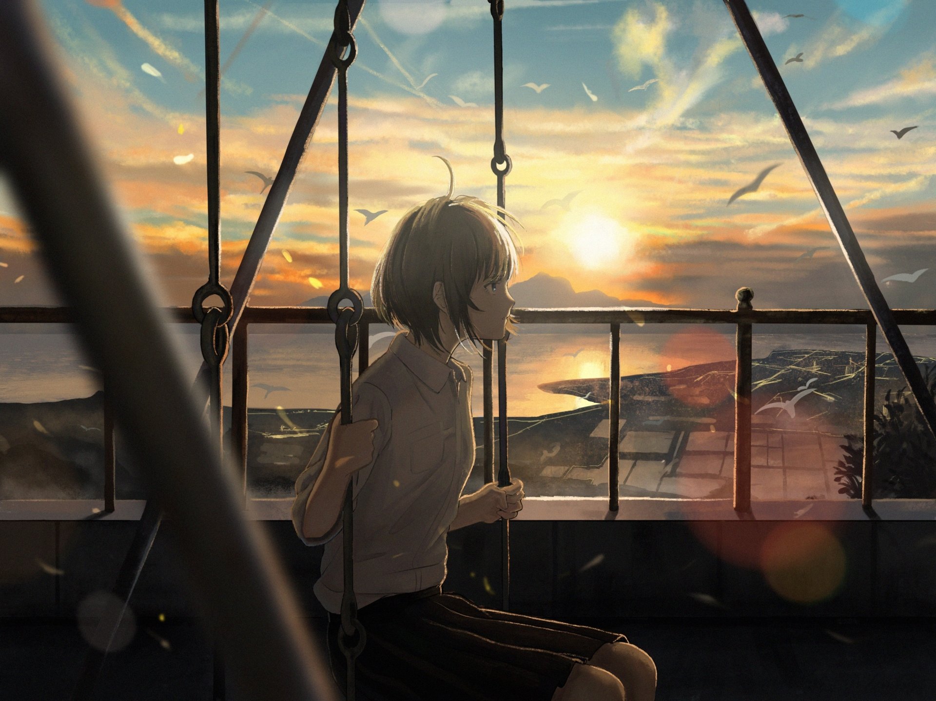 Download Blue Eyes Swing Bird Sunset Brown Hair Short Hair Anime Original Anime Sunset Anime Bird HD Wallpaper by もゆ