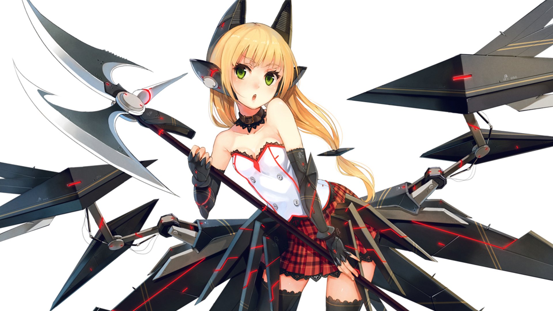 HD anime desktop wallpaper featuring a girl with blonde hair and green eyes, wearing a futuristic outfit with mechanical wings and wielding a large weapon.