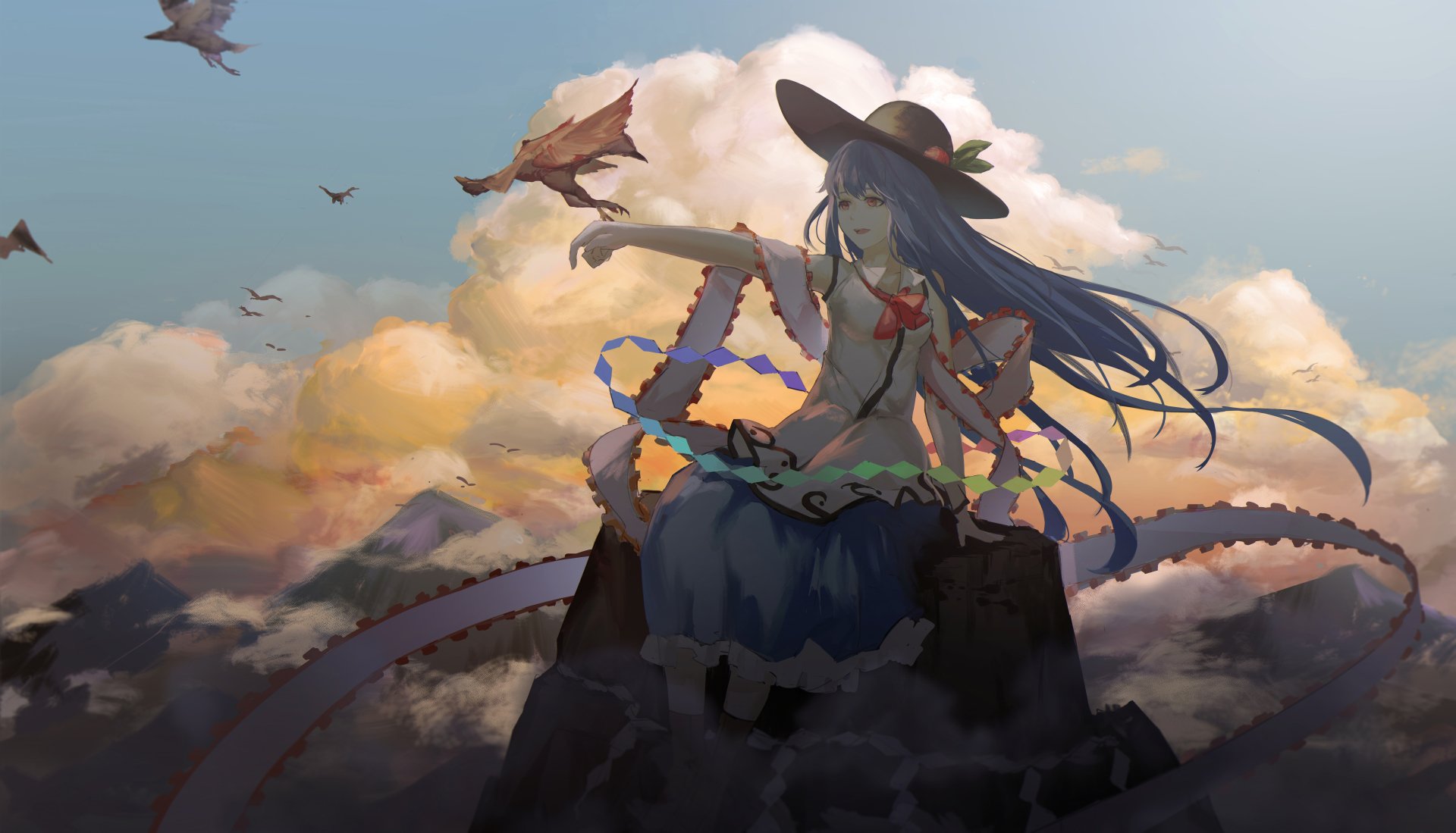 8K Ultra HD PC desktop wallpaper/background: Tenshi Hinanawi (Touhou anime) seated on a rocky peak above clouds at sunset, long hair and ribbons streaming, birds in the sky.