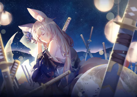 HD wallpaper featuring Niizuki from Azur Lane. The anime character is depicted against a starry night sky, surrounded by lanterns and swords.