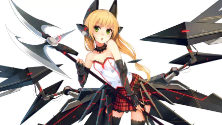 HD anime desktop wallpaper featuring a girl with blonde hair and green eyes, wearing a futuristic outfit with mechanical wings and wielding a large weapon.