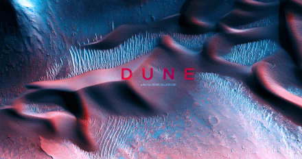 4K Ultra HD PC desktop wallpaper of stylized sand dunes in pink and teal lighting with a red DUNE title from the 2021 movie.