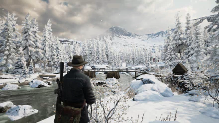 HD desktop wallpaper of a person overlooking a snowy landscape with trees and mountains, exuding a sense of vigor.