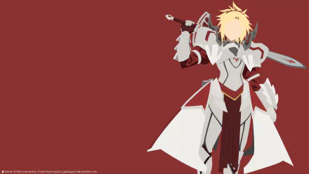 Minimalist 4K anime wallpaper of Saber of Red (Mordred) from Fate/Apocrypha, featuring blonde hair, armor, and a sword against a deep red background.