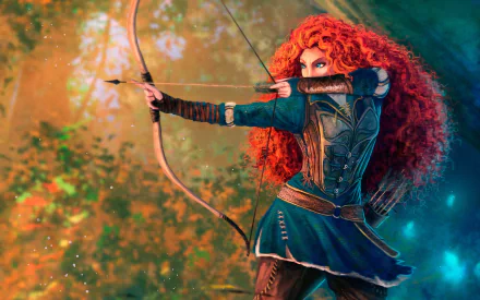 HD PC desktop wallpaper featuring Merida from the movie Brave aiming her bow and arrow amidst a vibrant forest background.