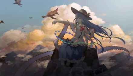 8K Ultra HD PC desktop wallpaper/background: Tenshi Hinanawi (Touhou anime) seated on a rocky peak above clouds at sunset, long hair and ribbons streaming, birds in the sky.