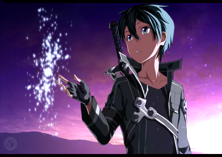 HD PC desktop wallpaper featuring Kirito from Sword Art Online in an anime style, set against a glowing purple night sky background.