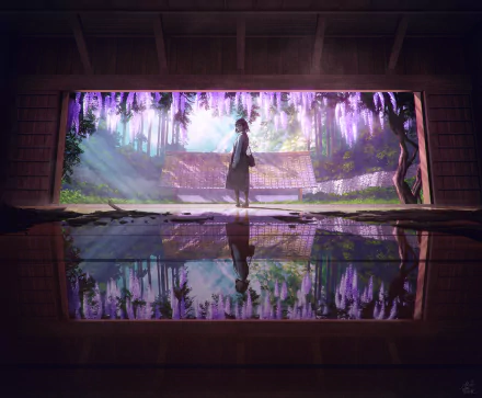 A stunning anime wallpaper featuring a character with short brown hair, holding a bag, standing in a serene setting adorned with hanging flowers and reflective water.