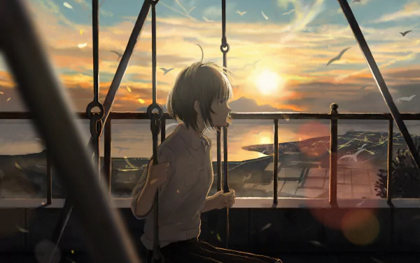 blue eyes swing bird sunset brown hair short hair Anime Original anime sunset Anime Bird HD Desktop Wallpaper | Background Image