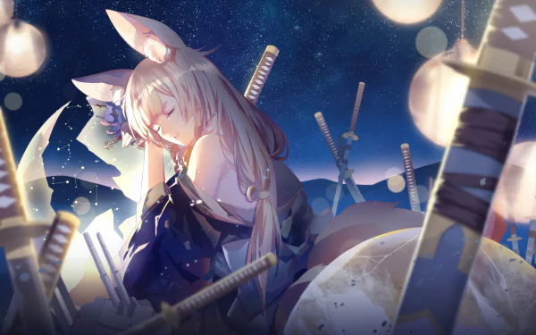 HD wallpaper featuring Niizuki from Azur Lane. The anime character is depicted against a starry night sky, surrounded by lanterns and swords.