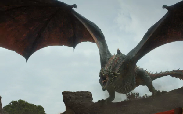 HD desktop wallpaper featuring Drogon, the dragon from Game of Thrones, soaring with wings spread against a cloudy sky, linked to Daenerys Targaryen's storyline.