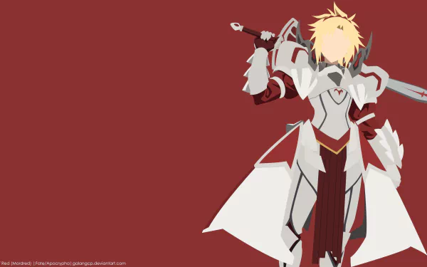 Minimalist 4K anime wallpaper of Saber of Red (Mordred) from Fate/Apocrypha, featuring blonde hair, armor, and a sword against a deep red background.