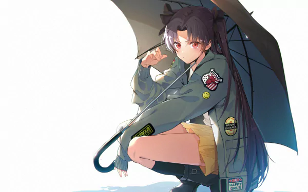HD desktop wallpaper featuring Rin Tohsaka and Ishtar from Fate/Grand Order. Anime artwork depicts a character with long hair and wearing a jacket, crouching with an umbrella.