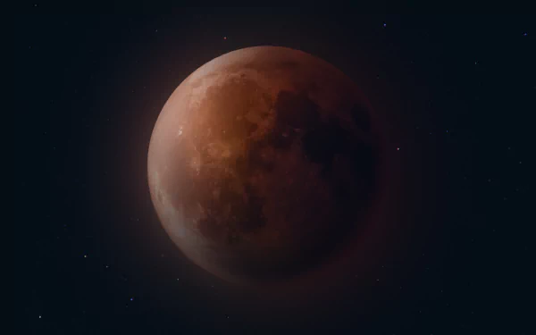 Vibrant blood moon glowing during a lunar eclipse, surrounded by stars in a stunning nature setting, perfect HD desktop wallpaper.