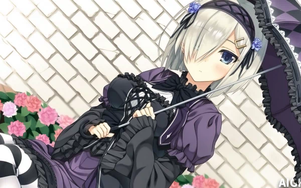 Anime character Hamakaze from Kantai Collection, dressed in a gothic outfit, holding a parasol. She is standing against a brick wall with pink flowers in the background. HD desktop wallpaper.