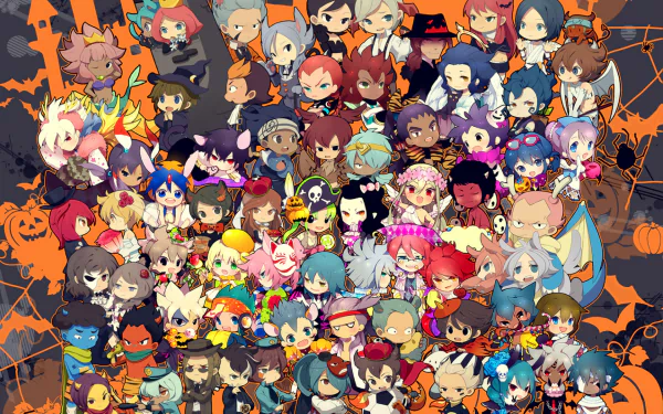 HD PC desktop wallpaper showing chibi cast from Inazuma Eleven and Inazuma Eleven GO anime — colorful group collage of soccer characters with Halloween pumpkins.