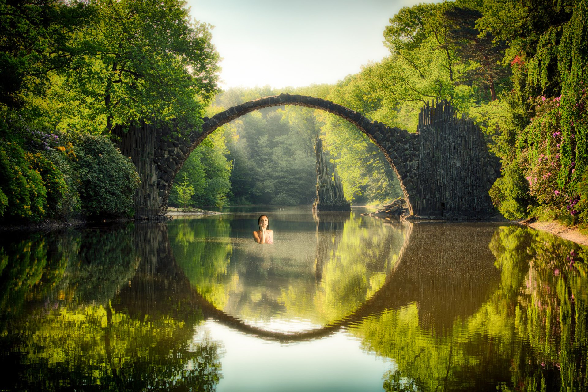 Download Devil’s Bridge Sunny Sky Swimming Water Tree Bridge Stone