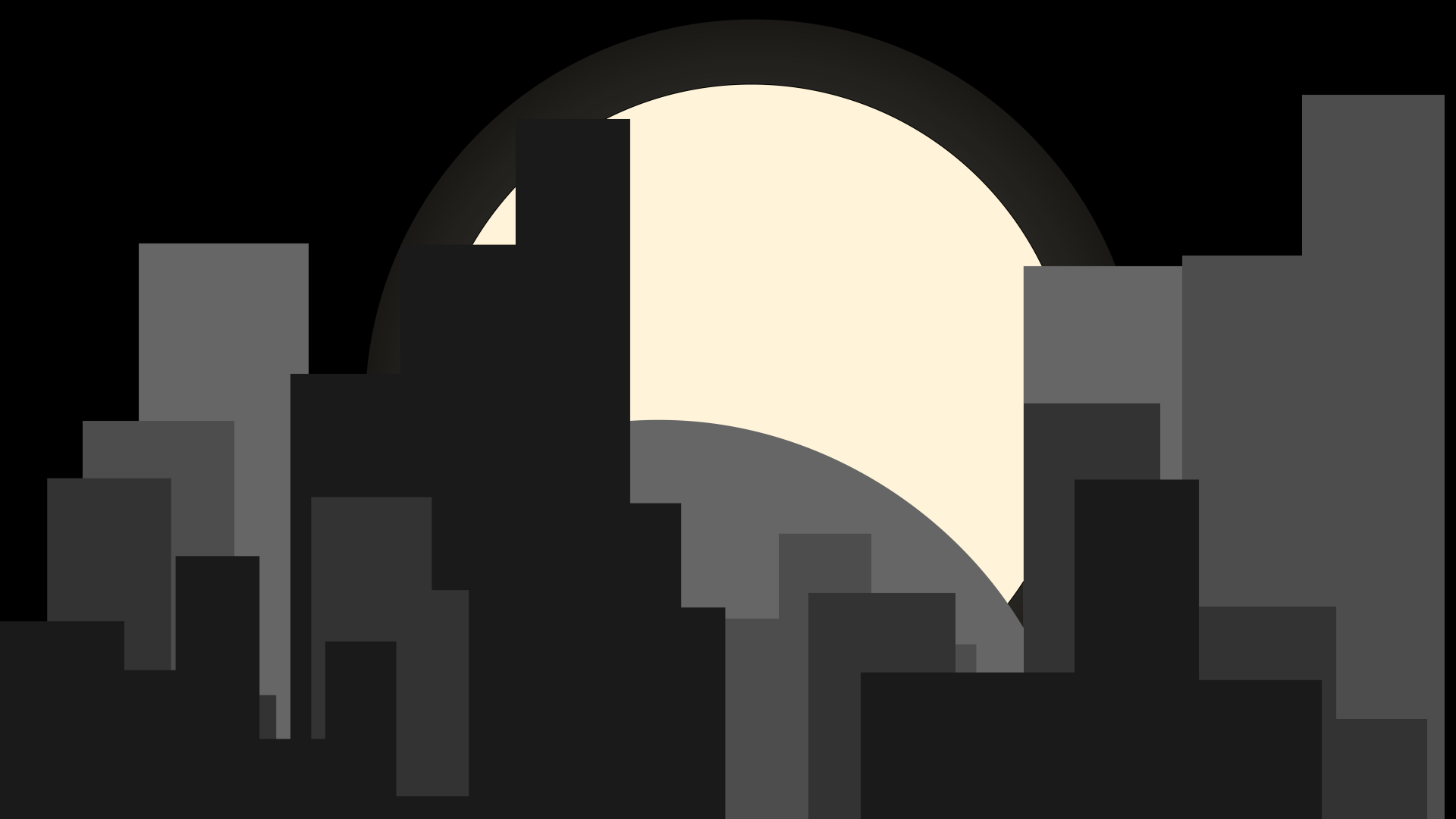 Artistic 8K Ultra HD PC desktop wallpaper: minimalist night city skyline in silhouette beneath a large moon.