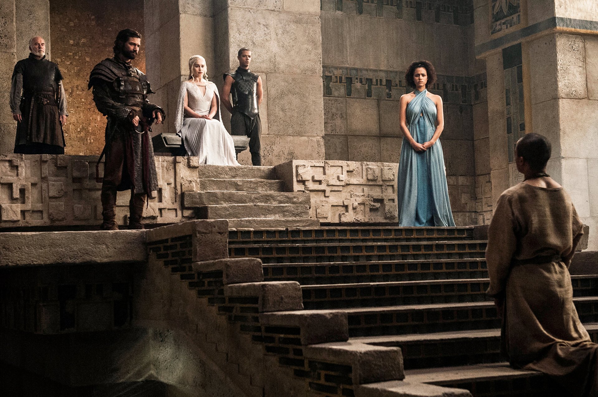 Download Ian McElhinney Michiel Huisman Emilia Clarke Jacob Anderson Nathalie Emmanuel Grey Worm Barristan Selmy Daario Naharis Missandei (Game Of Thrones) Daenerys Targaryen TV Show Game Of Thrones HD Wallpaper