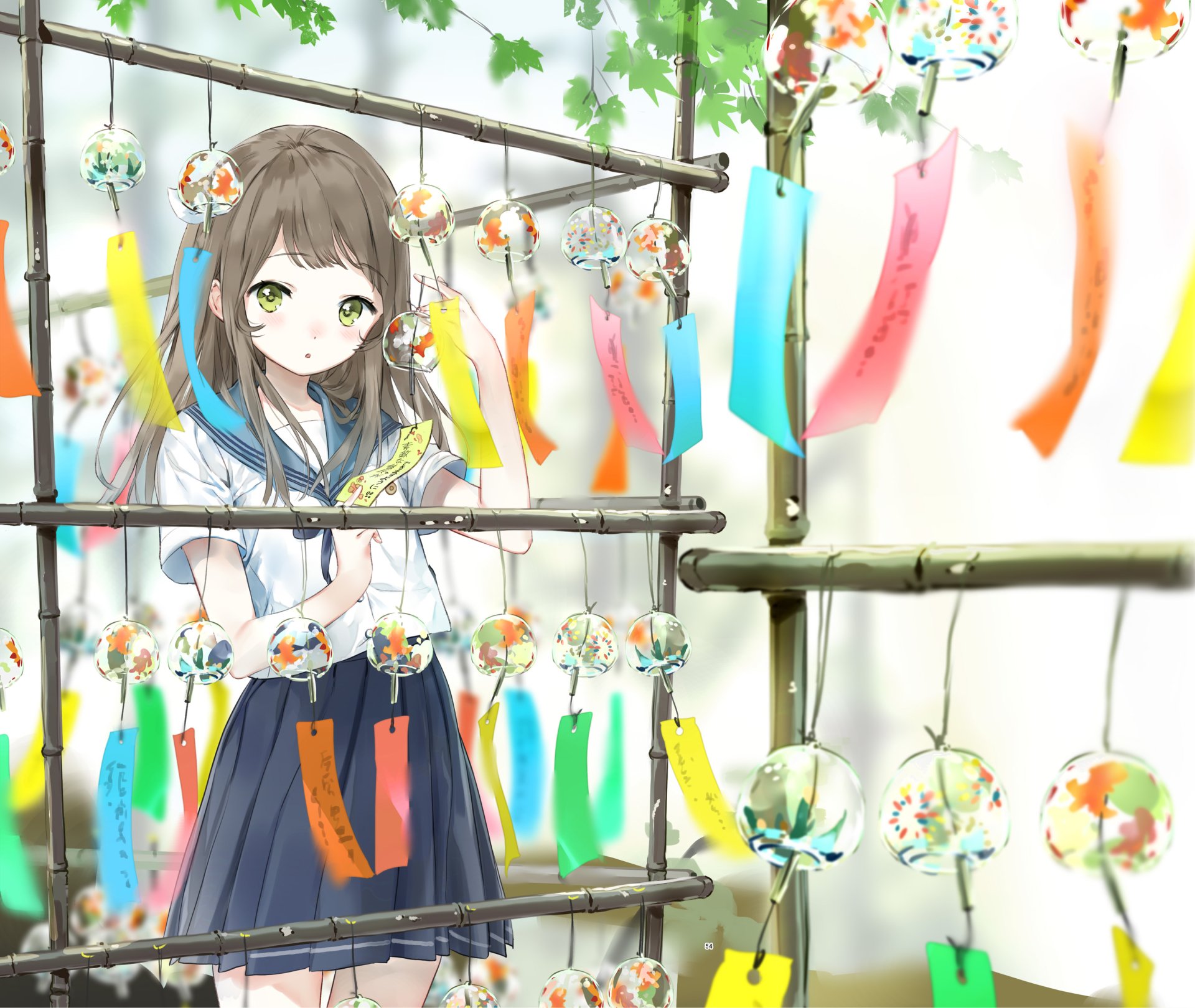 Anime-style HD desktop wallpaper featuring an original character with long brown hair and yellow eyes, surrounded by colorful wind chimes and hanging decorations.