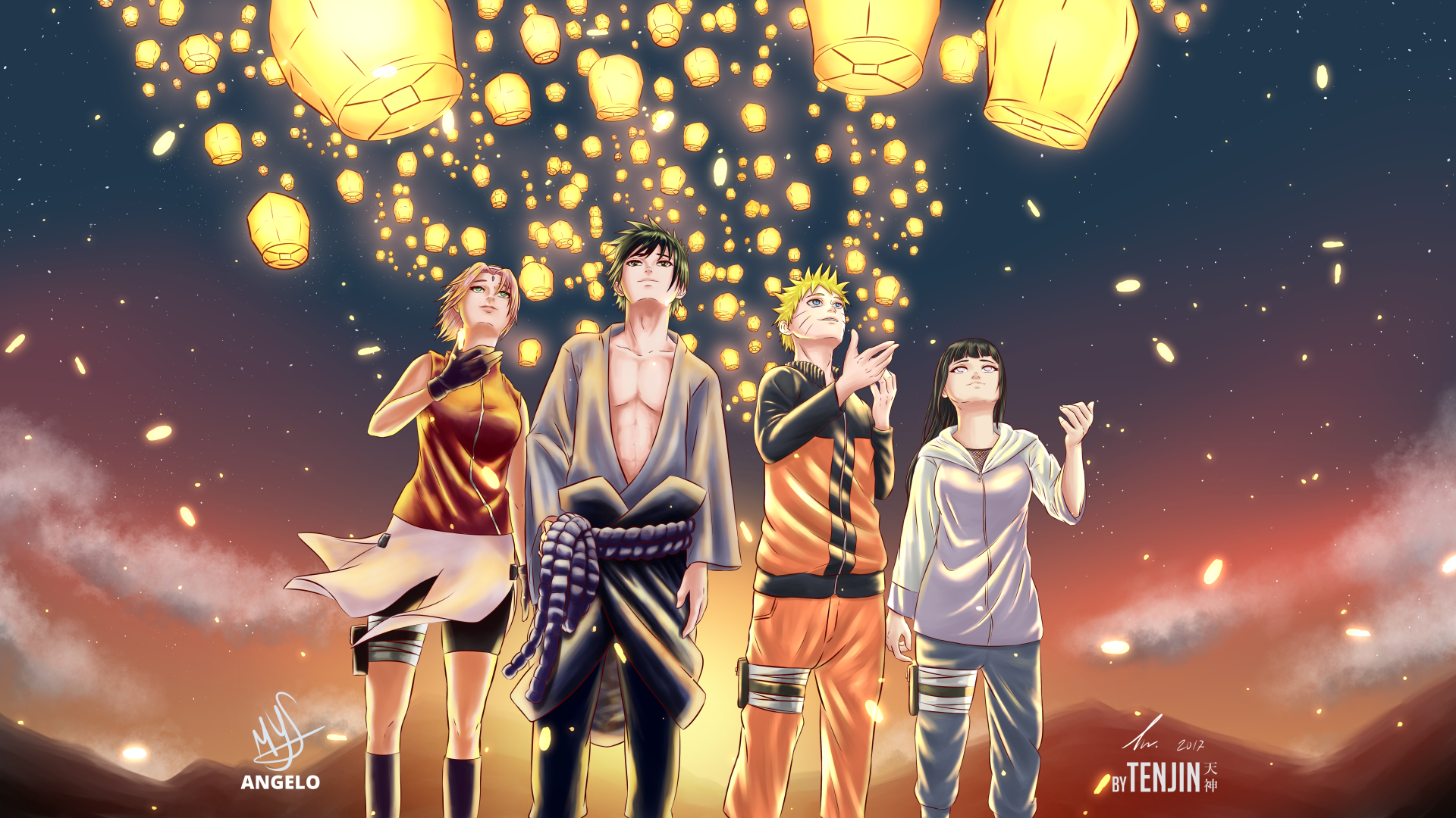 4K Ultra HD desktop wallpaper featuring anime characters Hinata Hyuga, Sakura Haruno, Sasuke Uchiha, and Naruto Uzumaki releasing glowing lanterns into the night sky.