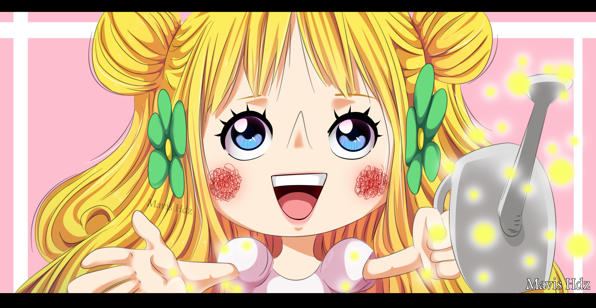 HD PC desktop wallpaper featuring Mansherry from the anime One Piece, showcasing her bright eyes, blonde hair with green bows, and cheerful expression.