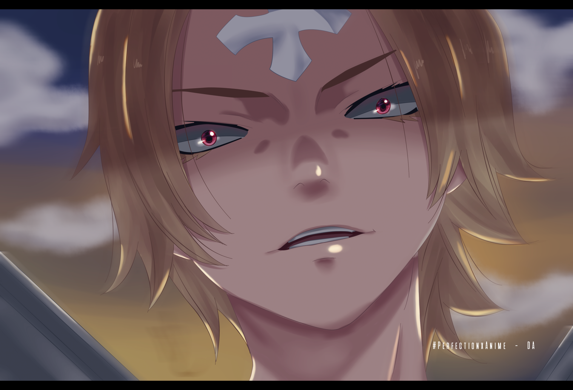 HD PC desktop wallpaper featuring Larcade Dragneel from the anime Fairy Tail, showcasing his intense expression and distinctive red eyes.