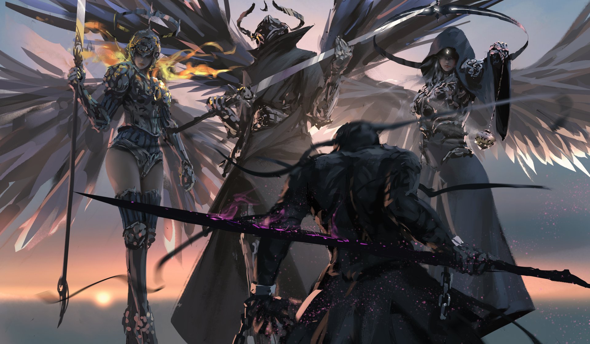Fantasy HD desktop wallpaper featuring characters from GhostBlade. The image portrays a cloaked figure facing three armored angelic beings, set against a dramatic sky.