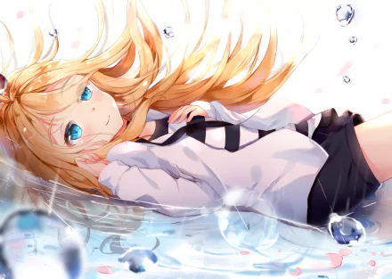 HD wallpaper featuring Rachel Gardner from Angels of Death anime, depicted with flowing blonde hair and striking blue eyes amidst sparkling droplets.