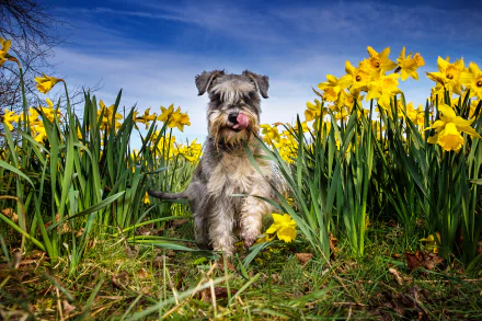 A schnauzer dog sits among bright yellow daffodil flowers under a clear blue sky in this HD desktop wallpaper.