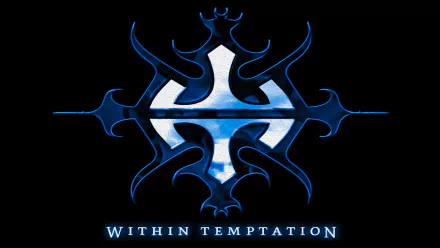 Within Temptation logo in blue with a reflective water texture, set against a black background, designed as a 4K Ultra HD music-themed PC desktop wallpaper.