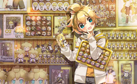 HD PC desktop wallpaper featuring anime-style Len Kagamine from Vocaloid surrounded by various collectible figures and posters in a warmly lit room.