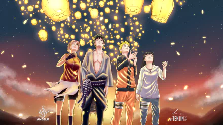 4K Ultra HD desktop wallpaper featuring anime characters Hinata Hyuga, Sakura Haruno, Sasuke Uchiha, and Naruto Uzumaki releasing glowing lanterns into the night sky.