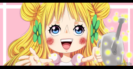 HD PC desktop wallpaper featuring Mansherry from the anime One Piece, showcasing her bright eyes, blonde hair with green bows, and cheerful expression.