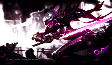 Fiora (League of Legends) lunging with a neon-pink blade through a dark, smoky cityscape — stylized video game 5K Ultra HD PC desktop wallpaper background.