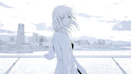 HD anime desktop wallpaper featuring a serene anime girl with flowing hair, set against a detailed cityscape backdrop by the water.