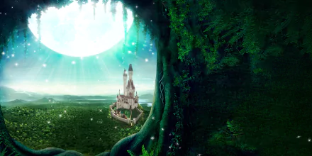 A vibrant green meadow viewed through a glowing portal window reveals a distant fantasy castle under a radiant sky, rendered in stunning 4K Ultra HD detail.