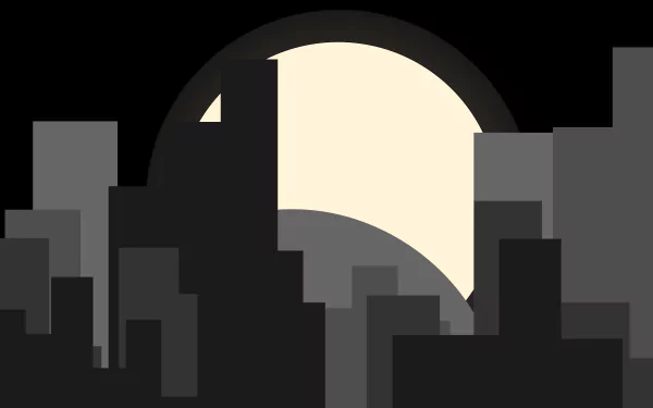 Artistic 8K Ultra HD PC desktop wallpaper: minimalist night city skyline in silhouette beneath a large moon.