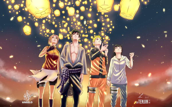 4K Ultra HD desktop wallpaper featuring anime characters Hinata Hyuga, Sakura Haruno, Sasuke Uchiha, and Naruto Uzumaki releasing glowing lanterns into the night sky.
